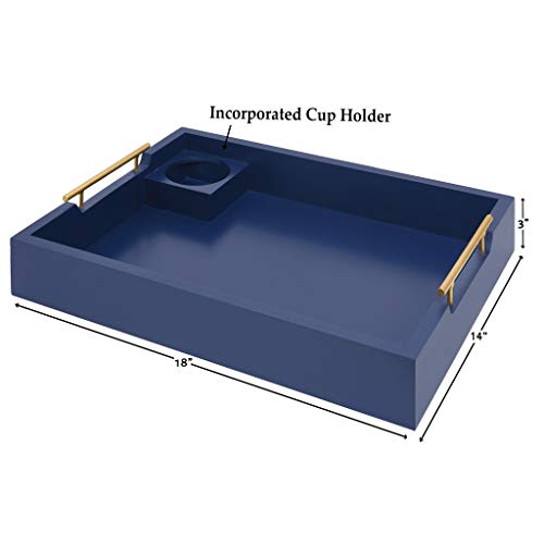 Deluxe Ottoman Tray- Wooden Serving Tray with Handles and Incorporated Cup Holder- Mid Century Modern Décor- Dark Navy Blue Tray 18"x14"x.3