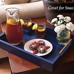 Deluxe Ottoman Tray- Wooden Serving Tray with Handles and Incorporated Cup Holder- Mid Century Modern Décor- Dark Navy Blue Tray 18"x14"x.3