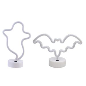 osaladi 2pcs halloween neon signs light ghost bat festival decorative bedside lamp led table neon light for bedroom nursery without battery (white)