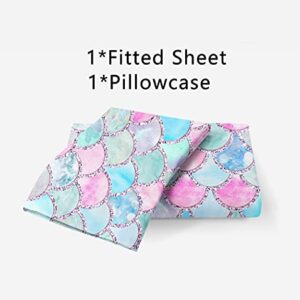 MUSOLEI Mermaid Fitted Sheet Set 3D Rainbow Scales Twin Girls Bedding Set 2PCS 1 Deep Pocket Fitted Sheet with 1 Pillowcases Wrinkle Free Cozy Microfiber(01,Twin)