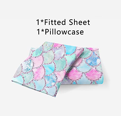 MUSOLEI Mermaid Fitted Sheet Set 3D Rainbow Scales Twin Girls Bedding Set 2PCS 1 Deep Pocket Fitted Sheet with 1 Pillowcases Wrinkle Free Cozy Microfiber(01,Twin)