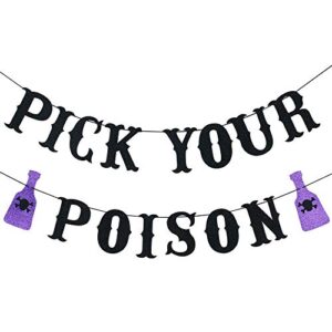 pick your poison banner black glitter - halloween hocus pocus party decorations haunted mansion decorations halloween party banner for home indoor mantle fireplace