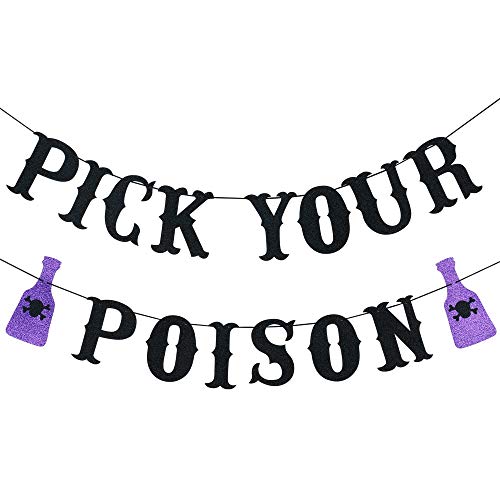 Pick Your Poison Banner Black Glitter - Halloween Hocus Pocus Party Decorations Haunted Mansion Decorations Halloween Party Banner for Home Indoor Mantle Fireplace