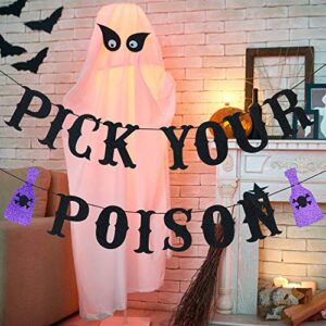 Pick Your Poison Banner Black Glitter - Halloween Hocus Pocus Party Decorations Haunted Mansion Decorations Halloween Party Banner for Home Indoor Mantle Fireplace