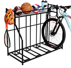4 bike stand rack with storage – great for parking road, mountain, hybrid or kids bikes – garage organizer - helmet - sports storage station - black