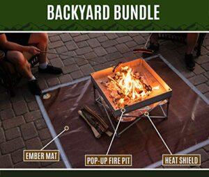 pop-up fire pit backyard bundle | includes 24" pop-up pit + heat shield | includes ember mat | have worry-free fires on any surface | meets all federal regulations | unmatched portability