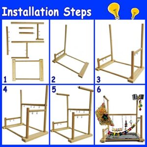 kathson Parrots Playground Bird Perch Gym Playpen Birds Chewing Toys Bridges with Swings Food Bowl for Parakeets African Grey Conures Cockatiel Cockatoos Parrotlets