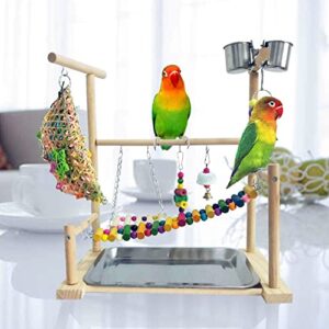 kathson Parrots Playground Bird Perch Gym Playpen Birds Chewing Toys Bridges with Swings Food Bowl for Parakeets African Grey Conures Cockatiel Cockatoos Parrotlets