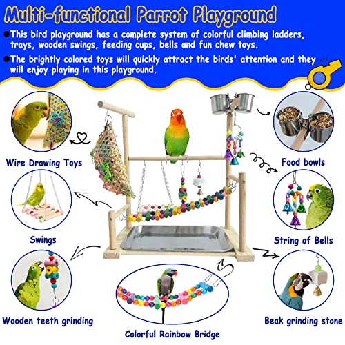 kathson Parrots Playground Bird Perch Gym Playpen Birds Chewing Toys Bridges with Swings Food Bowl for Parakeets African Grey Conures Cockatiel Cockatoos Parrotlets