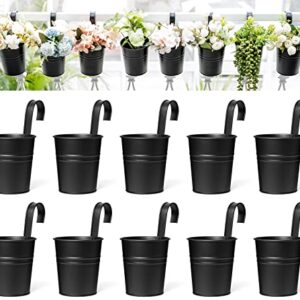 Dahey 10 Pcs Hanging Flower Pots Metal Iron Bucket Planter for Railing Fence Balcony Garden Home Decoration Flower Holders with Detachable Hooks, Black, 4 Inches