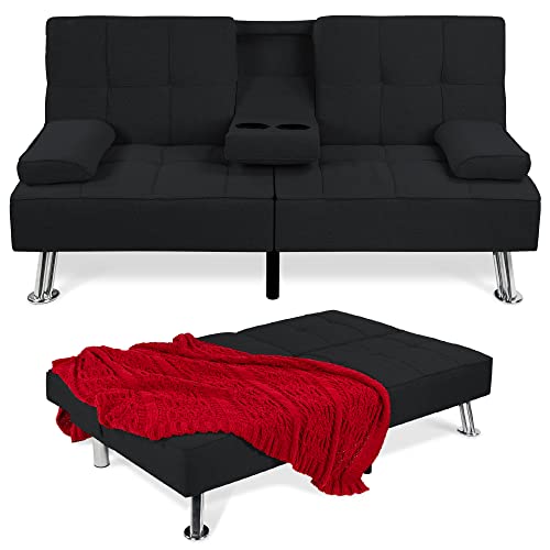 Best Choice Products Linen Upholstered Modern Convertible Folding Futon Sofa Bed for Compact Living Space, Apartment, Dorm, Bonus Room w/Removable Armrests, Metal Legs, 2 Cupholders - Black