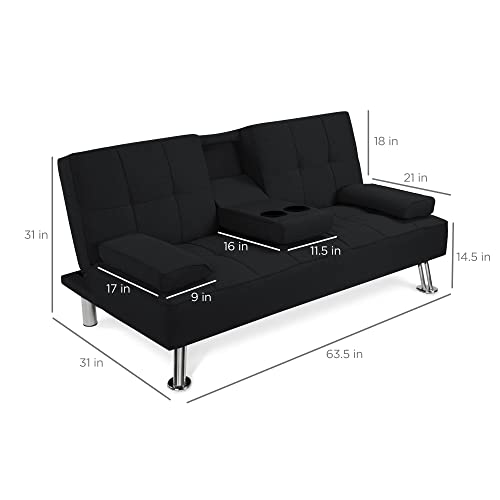 Best Choice Products Linen Upholstered Modern Convertible Folding Futon Sofa Bed for Compact Living Space, Apartment, Dorm, Bonus Room w/Removable Armrests, Metal Legs, 2 Cupholders - Black