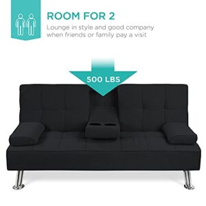 Best Choice Products Linen Upholstered Modern Convertible Folding Futon Sofa Bed for Compact Living Space, Apartment, Dorm, Bonus Room w/Removable Armrests, Metal Legs, 2 Cupholders - Black