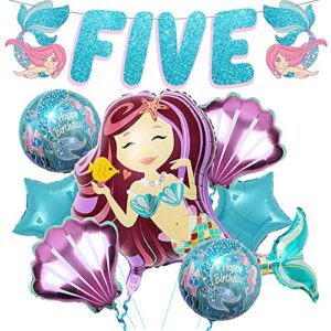 katchon, mermaid 5th birthday decorations girl - pack 8 | mermaid birthday decorations for girls 5 | mermaid birthday party supplies | mermaid balloons 5, little mermaid party decorations 5 year old
