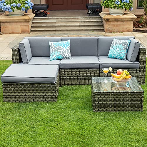 YITAHOME 5 Piece Outdoor Patio Furniture Sets, All-Weather Wicker Sectional Sofa Patio Conversation Set with Ottoman, Coffee Table and Cushions, Gray Gradient