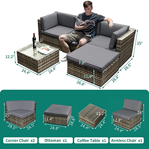 YITAHOME 5 Piece Outdoor Patio Furniture Sets, All-Weather Wicker Sectional Sofa Patio Conversation Set with Ottoman, Coffee Table and Cushions, Gray Gradient