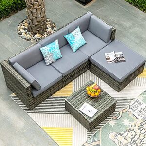 YITAHOME 5 Piece Outdoor Patio Furniture Sets, All-Weather Wicker Sectional Sofa Patio Conversation Set with Ottoman, Coffee Table and Cushions, Gray Gradient