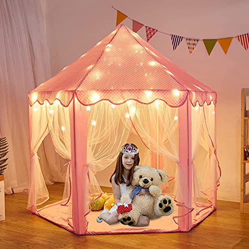 TTLOJ Kids Gift Play Tent with Star Lights Crown & Wand, for Girls Boys, Princess Castle Toy Tent, Large Playhouse Toys for Girl Toddler Children Play House, Teepee Tent Indoor Outdoor