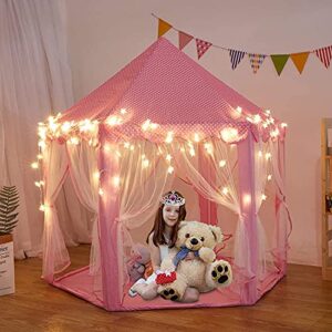 TTLOJ Kids Gift Play Tent with Star Lights Crown & Wand, for Girls Boys, Princess Castle Toy Tent, Large Playhouse Toys for Girl Toddler Children Play House, Teepee Tent Indoor Outdoor