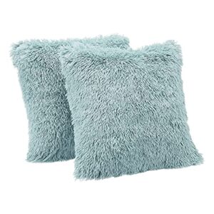 amazon basics shaggy long fur faux fur throw pillow covers, 18"x18", pack of 2 - teal blue