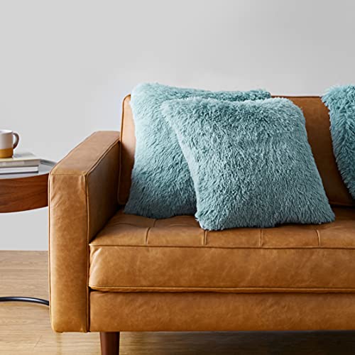 Amazon Basics Shaggy Long Fur Faux Fur Throw Pillow Covers, 18"x18", Pack of 2 - Teal Blue