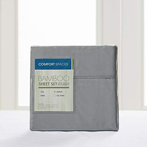 Comfort Spaces 100% Rayon (from Bamboo) Bed Sheets Set, Breathable, Cooling Sheet with 15" Deep Pocket, All Season, Cozy Bedding Set, Matching Pillow Cases, Queen, Charcoal 4 Piece (CS20-1201)