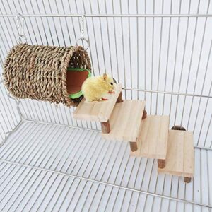 hamster wooden hideout with stairs and pads, cage habitat decor for syrian hamster, birds, rats, mouse, dwarf sugar glider, gerbils, hedgehog, small pets resting, sleeping & playing tube