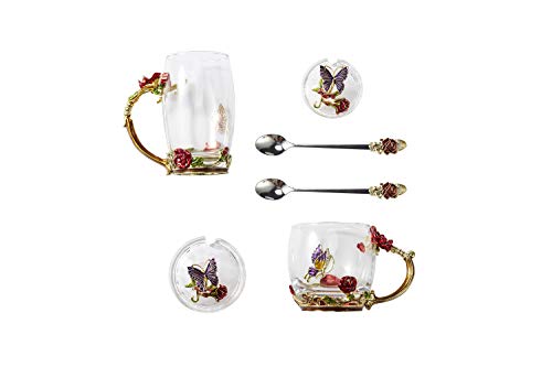 Flower Teacup Transparent Glass Teacup, (With Spoon + Lid) , Fancy Tea Cups , Flower Tea Cup,Tea Cup Gift, Gifts for Women,Mother's Day Present，Gift Box. (Rose Red High Cup)