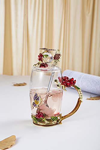 Flower Teacup Transparent Glass Teacup, (With Spoon + Lid) , Fancy Tea Cups , Flower Tea Cup,Tea Cup Gift, Gifts for Women,Mother's Day Present，Gift Box. (Rose Red High Cup)