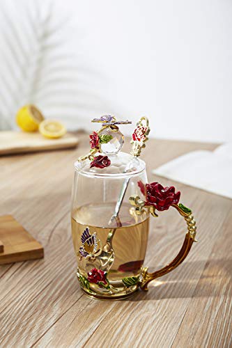 Flower Teacup Transparent Glass Teacup, (With Spoon + Lid) , Fancy Tea Cups , Flower Tea Cup,Tea Cup Gift, Gifts for Women,Mother's Day Present，Gift Box. (Rose Red High Cup)