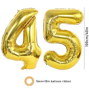 Ceqiny 40 Inch 45th Number Balloon Mylar Balloon Giant Balloon Alphabet Foil Balloon for Birthday Party Wedding Bridal Shower Engagement Photo Shoot Anniversary Decoration, Gold Digit 45 Balloon