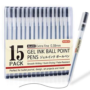 shuttle art gel ink ball point pens, 15 pack black japanese style pens, 0.38mm extra-fine ballpoint pens for home, school and office