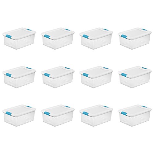 Sterilite 15 Qt./14 L Latching Box Clears, Quart, White, 12 Piece & 19638606 Large Clip Box, Clear with Blue Aquarium Latches, 6-Pack