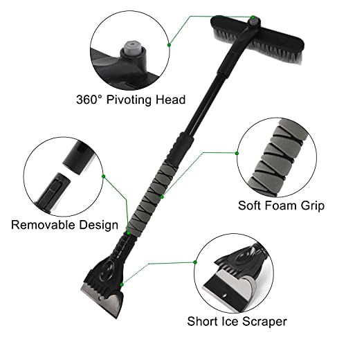 Snow Brush Extendable, 2 in 1 Ice Scraper for Car Windshield with Foam Grip and Rotating Brush Head, Heavy Duty ABS (Grey)