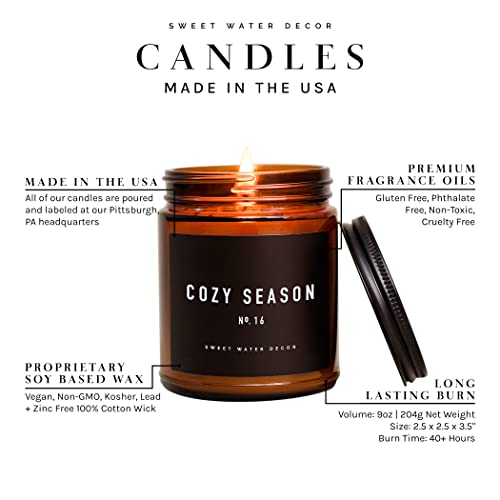 Sweet Water Decor Cozy Season Candle | Woods, Warm Spice, and Citrus Autumn Scented Soy Candles for Home | 9oz Amber Jar, 40 Hour Burn Time, Made in the USA