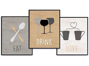 dining room, kitchen, cafe, restaurant wall art print home decor -cute unique gift for women, her, cooks, chefs, anniversary, birthday - rustic vintage mural -eat drink love photo picture set unframed