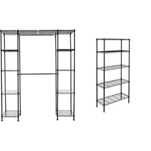 amazonbasics expandable metal hanging rack wardrobe with shelves, black & 5-shelf adjustable, heavy duty storage shelving unit (350 lbs per shelf), steel organizer wire rack, black,(36l x 14w x 72h)