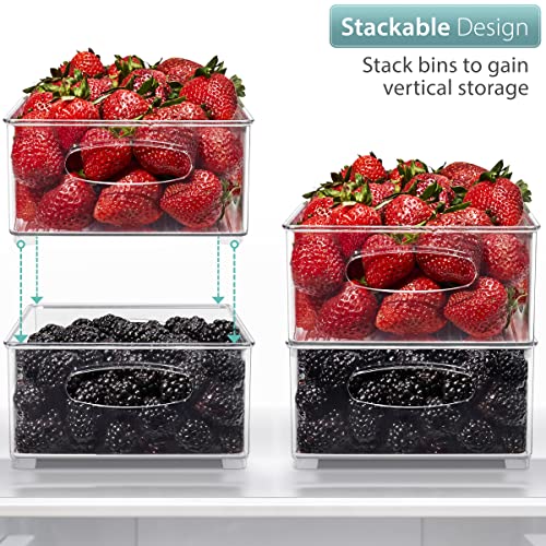 Stackable Refrigerator Organizer Bins - Clear Storage Bins for Kitchen Pantry, Freezer & Fridge Organization - Food Organizing Plastic Containers with Handles for Countertops & Drawers - (4 Pack)