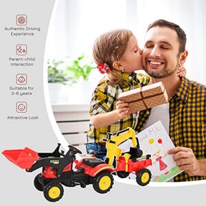 Aosom 3 in1 Kids Ride On Excavator/Bulldozer, Pedal Car Digger Toy Move Forward/Back with 6 Wheels and Detachable Cargo Trailer