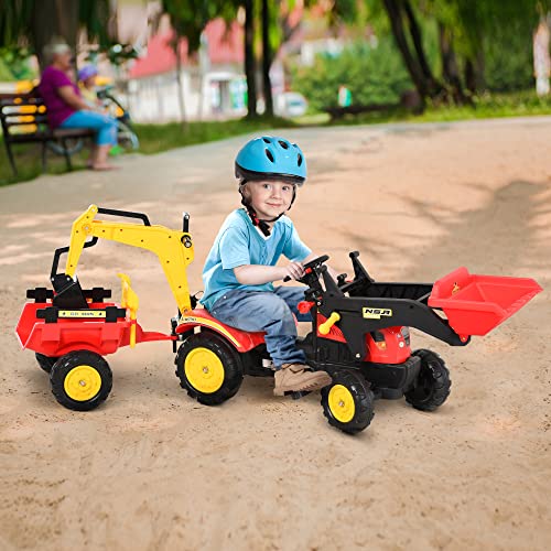 Aosom 3 in1 Kids Ride On Excavator/Bulldozer, Pedal Car Digger Toy Move Forward/Back with 6 Wheels and Detachable Cargo Trailer