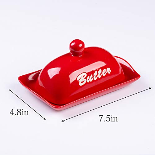 Cutiset 7.5 in Ceramic Stylish Butter dish with handled lid, Perfect Size for Standard Butter Stick (Scarlet)