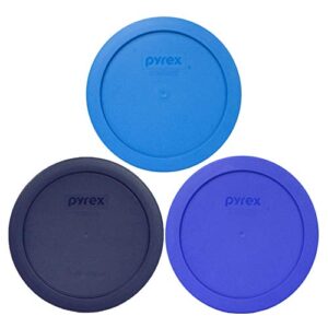 pyrex 7201-pc 4 cup (1) sapphire blue, (1) marine blue, & (1) blue round plastic food storage replacement lid, made in usa