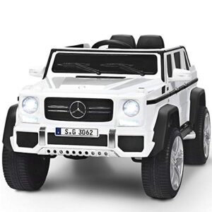 costzon ride on car, licensed mercedes-benz maybach, 12v battery powered vehicle toy w/ 2 motors, remote control, 3 speeds, lights, horn, music, aux, storage, truck, electric car for kids (white)