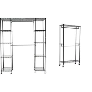 amazon basics double hanging rod garment rolling closet organizer rack, black & expandable metal hanging storage organizer rack wardrobe with shelves, 14"-63" x 58"-72", black