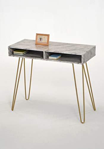 RAAMZO Computer Writing Desk Table with Open Storage Cubbies, Gold Metal Legs/White Faux Marble - Mid-Century Style