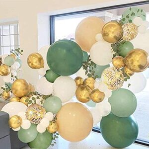 Sweet Baby Co. Sage Green Balloon Garland Arch Kit with Eucalyptus Olive, Peach, White, Gold Balloons and Greenery for Forest Safari Jungle Tropical Theme Decorations Baby Bridal Shower Birthday Party