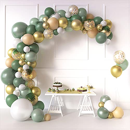 Sweet Baby Co. Sage Green Balloon Garland Arch Kit with Eucalyptus Olive, Peach, White, Gold Balloons and Greenery for Forest Safari Jungle Tropical Theme Decorations Baby Bridal Shower Birthday Party