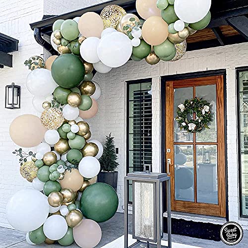 Sweet Baby Co. Sage Green Balloon Garland Arch Kit with Eucalyptus Olive, Peach, White, Gold Balloons and Greenery for Forest Safari Jungle Tropical Theme Decorations Baby Bridal Shower Birthday Party