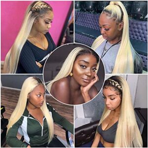 Ombre Blonde Lace Front Wigs 4x4 Closure Brazilian Human Hair #1B/613 Dark Roots Remy Hair Wig Pre Plucked Hairline Bleached Knots with Baby Hair Straight Long Colored Hair