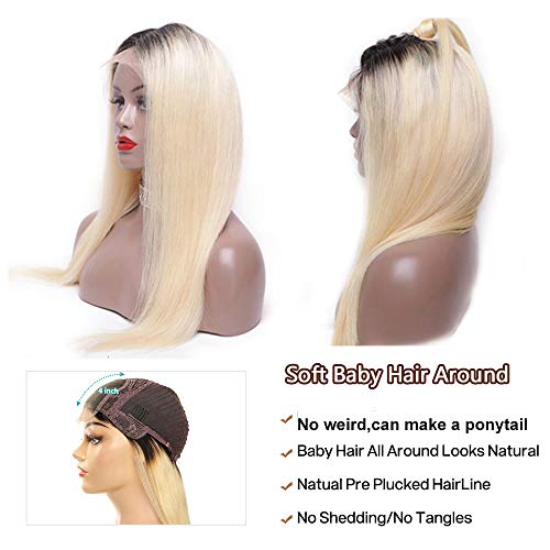 Ombre Blonde Lace Front Wigs 4x4 Closure Brazilian Human Hair #1B/613 Dark Roots Remy Hair Wig Pre Plucked Hairline Bleached Knots with Baby Hair Straight Long Colored Hair